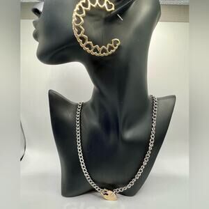 Silver and gold tone heart necklace and earrings
